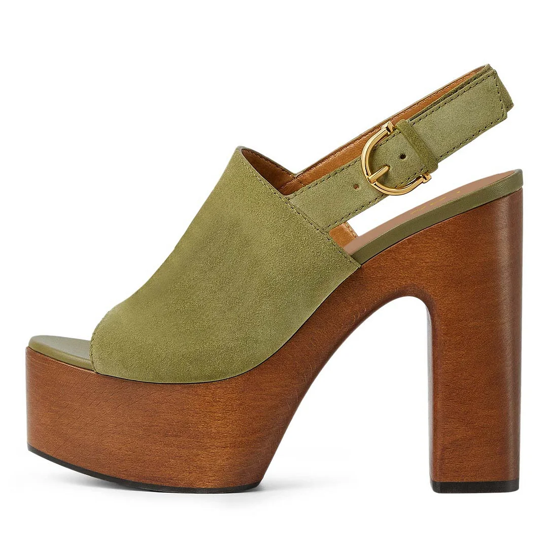 Olive Open Round Toe Slingback Women's Heel Sandals with Platform
