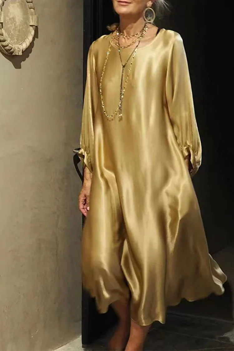 Celebrities Elegant Solid Solid Color Bright Silk O Neck Long Sleeve Dresses