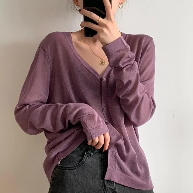 Cardigan Women Korean Long Sleeve Cardigan Summer Cropped Cardigan Knitted V Neck Thin Ice Silk Blouse Sunscreen Shirt 13482