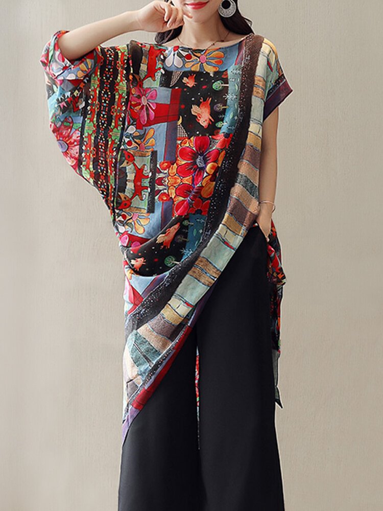 Asymmetrical Folk Style Print O neck Vintage Blouses P1318903