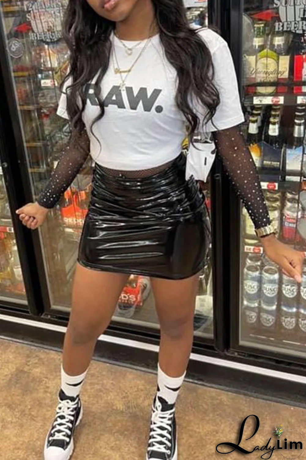 White Fashion Street Print Patchwork Letter O Neck T-Shirts