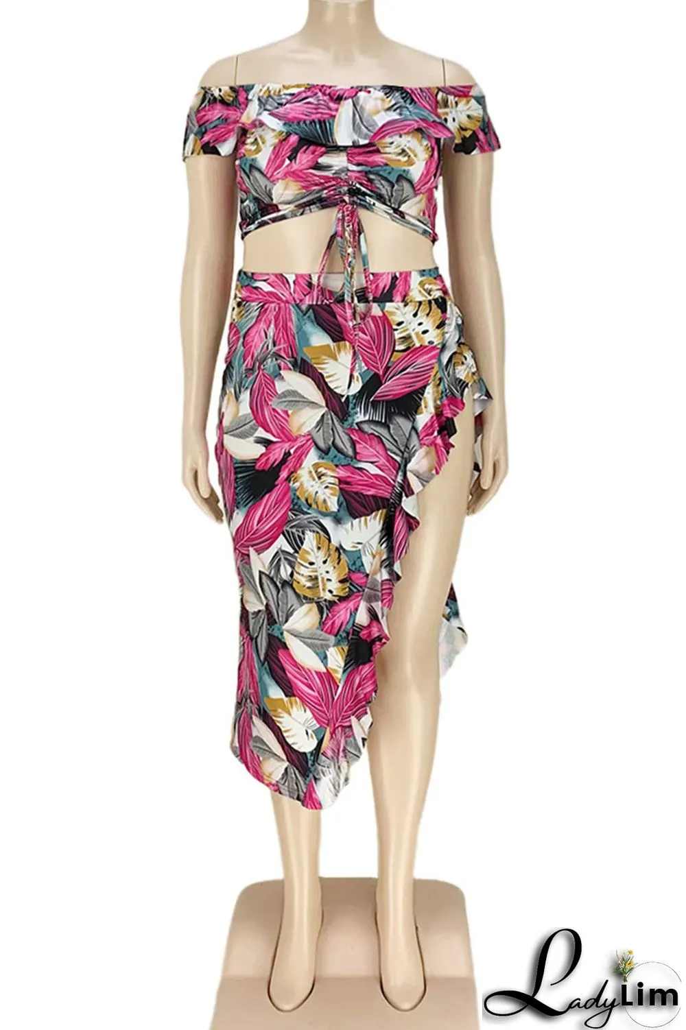 Rose Red Sexy Print Bandage Patchwork Slit Off the Shoulder Plus Size Two Pieces