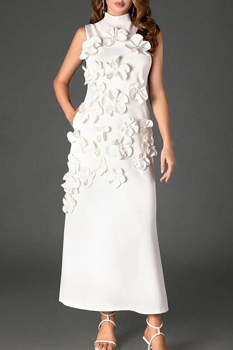 Formal Pink Sleeveless Mock Neck 3D Floral Maxi Dress