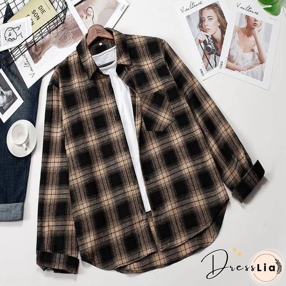 Plaid Shirts Womens Blouses Long Sleeve Lady Checked Tops Loose Female Outwear Casual
