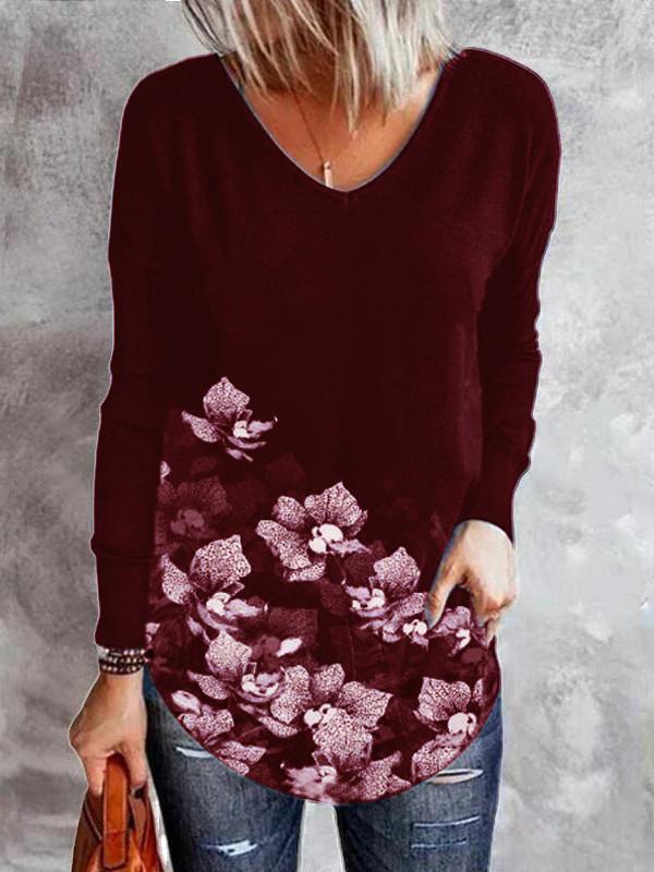 Women Long Sleeve V-neck Floral Printed Graphic Top