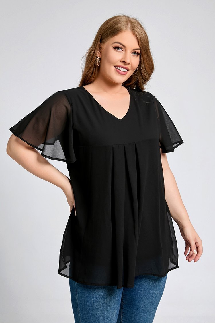Flycurvy Plus Size Black Solid Tulip Sleeve V Neck Pleated Casual Blouses  flycurvy [product_label]