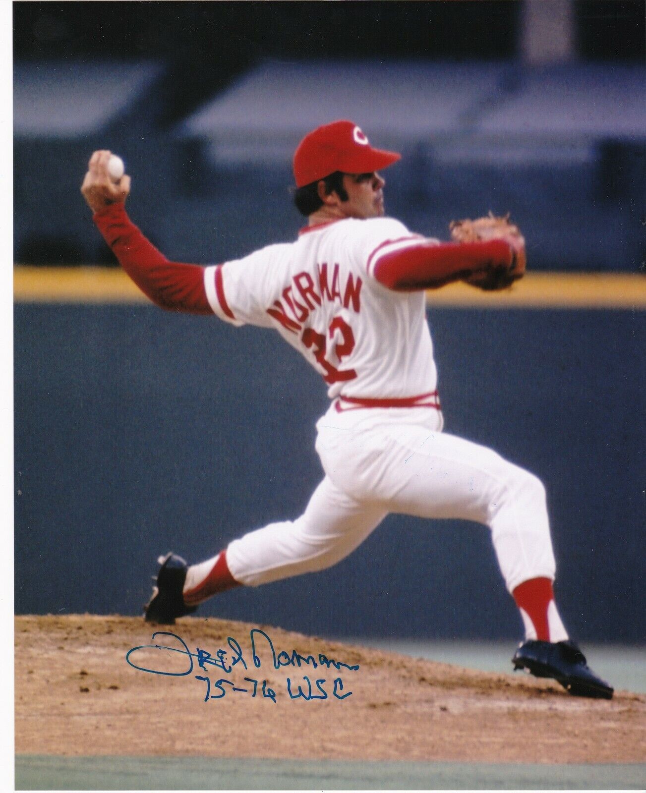 FRED NORMAN CINCINNATI REDS 75-76 WS CHAMPS ACTION SIGNED 8x10