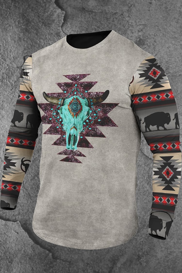 Tiboyz Shell Skull Bull Head Western Patchwork Long Sleeve T-Shirt