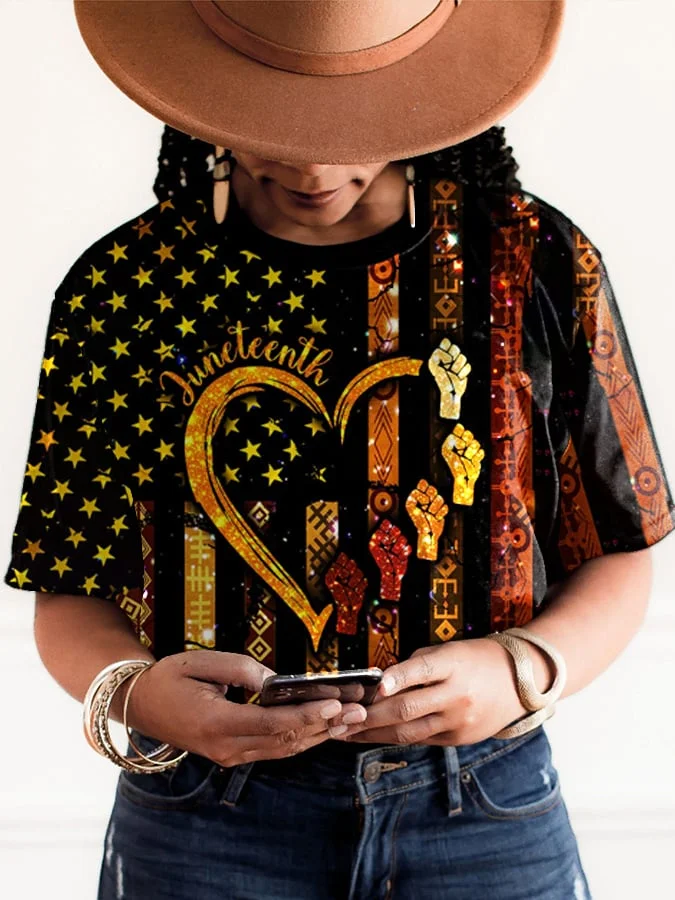 Women's Juneteenth Flag Print Crewneck T-Shirt