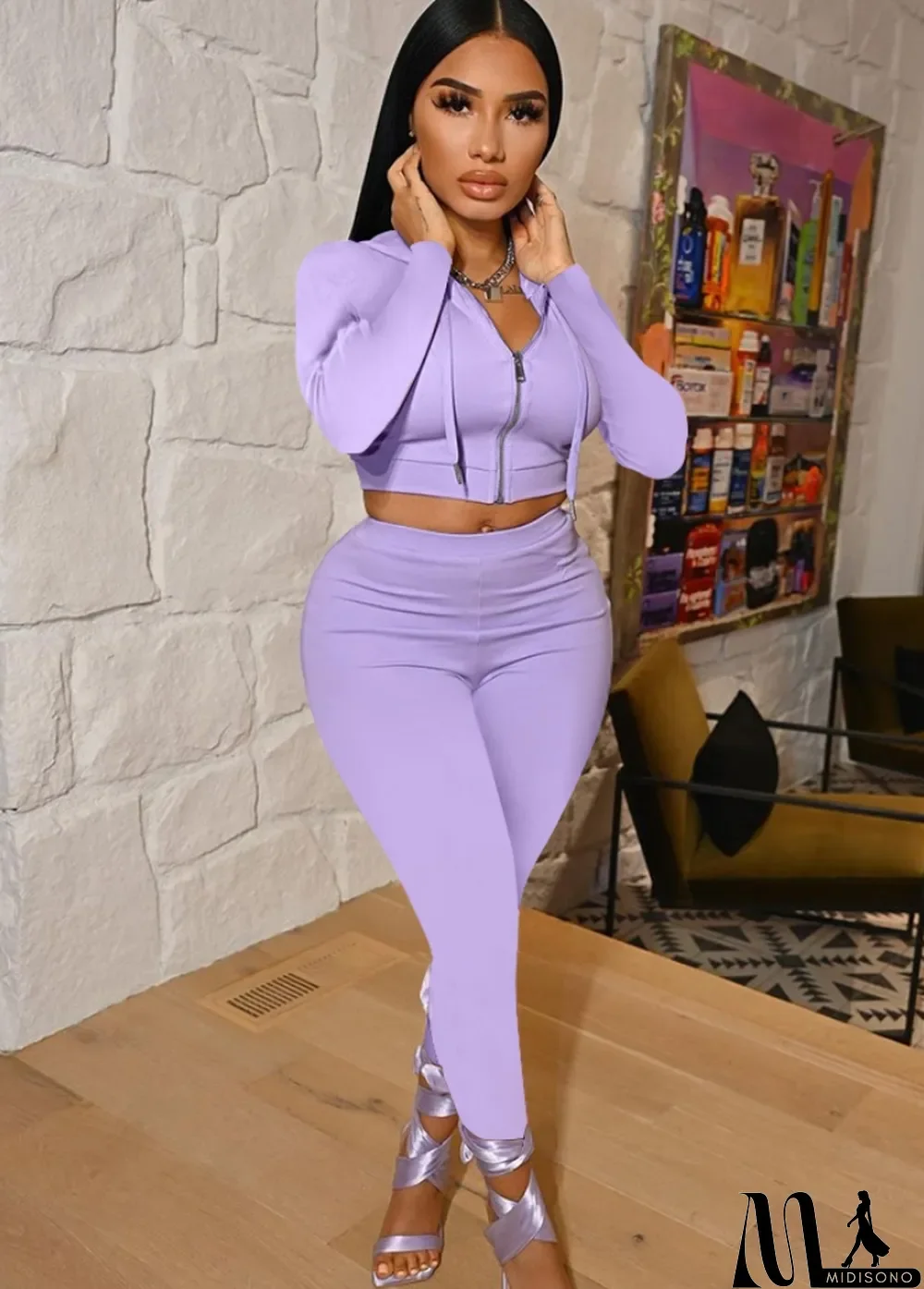 MidiSono - Fall Casual Purple Long Sleeve Zipper Cropped Hoodies and Slim Pants Two Piece Set Sportswear Vendors