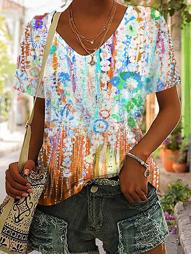 Red Blue Purple Flower Print Shirt For Women