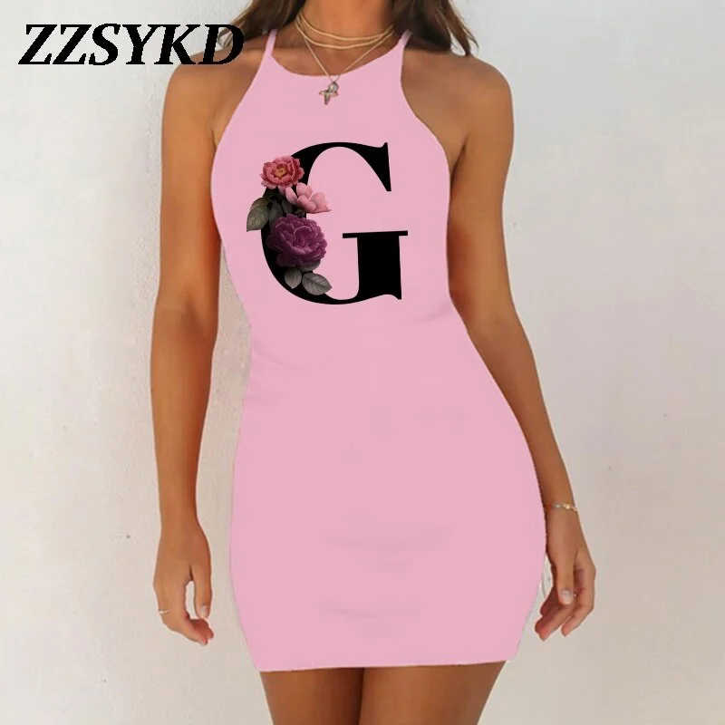 26 English Alphabet Print Summer Sexy Clothes Women Dresses 2020 Plus Size Dress Bodycon Evening Party O-Neck Pink Mini Vestidos