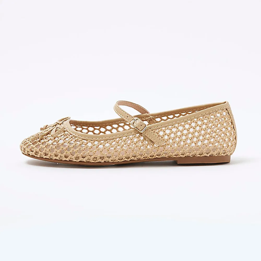 YDN Beige Raffia Round Toe Bow Decor Cut-Out Mary Jane Flats
