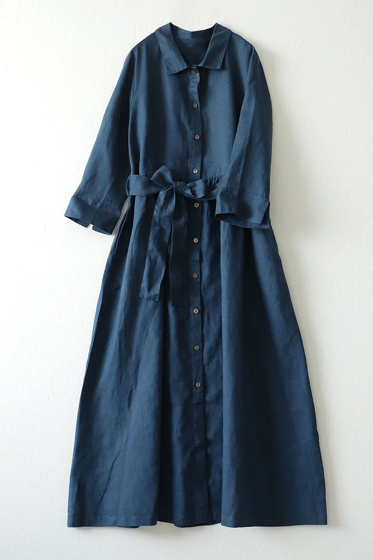 Women's Cotton Linen Lapel Mid Sleeve Single Breasted Dress