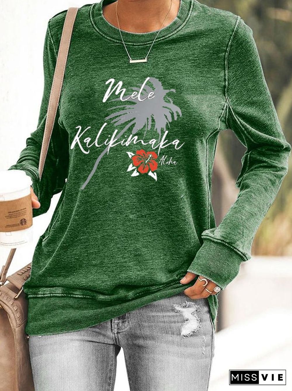 Women's Christmas Hawaiian Mele Kalikimaka Hibiscus Flower Print Sweatshirt