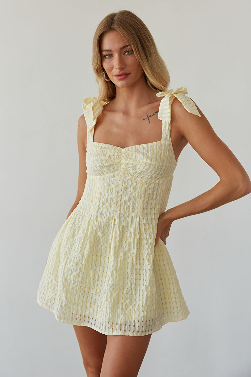 Bow Straps Open Back Plaid Pattern Textured Mini Dresses-Yellow