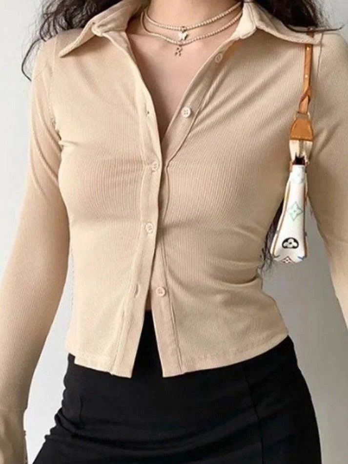 Brownm vintage polo collar long sleeve rib blouse