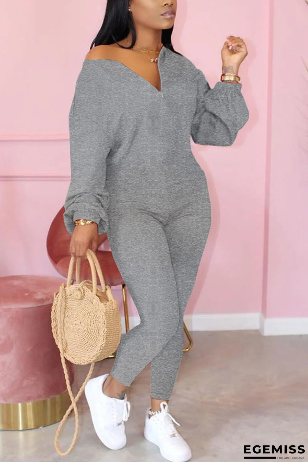 Grey Fashion Casual Solid zipper Long Sleeve O Neck Jumpsuits | EGEMISS