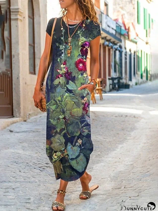 Women's Dress - Shift Dress Maxi long Dress Green Blue Gray Dark Blue Short Sleeve Floral Pocket Print Spring Summer Crew Neck Casual S M L XL XXL XXXL