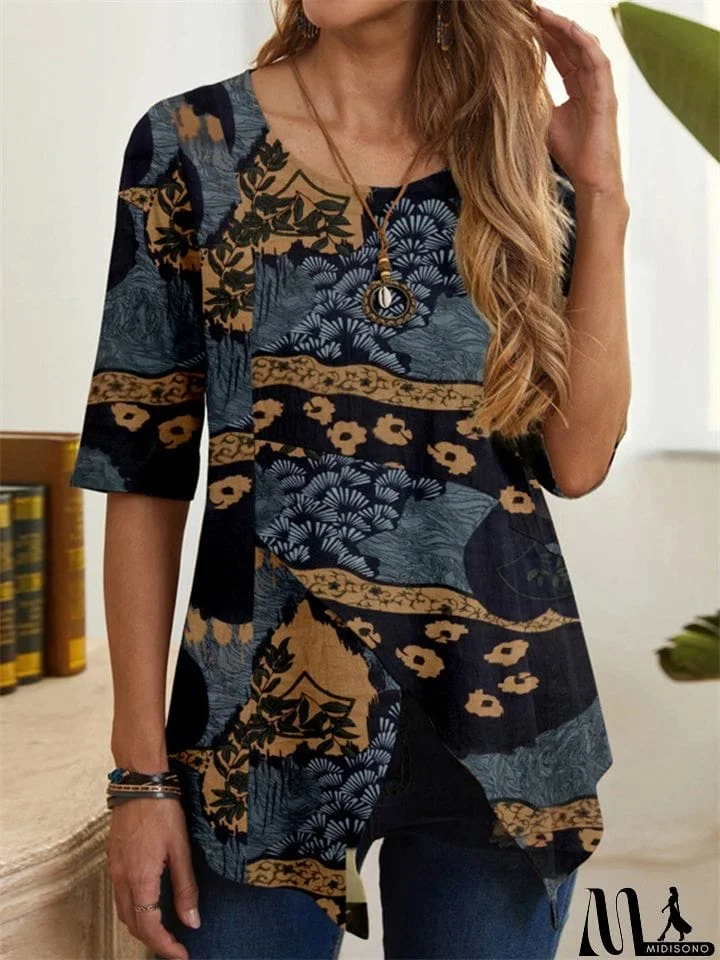 Ethnic Style Printed Half Sleeve Irregular Hem Women's Tops