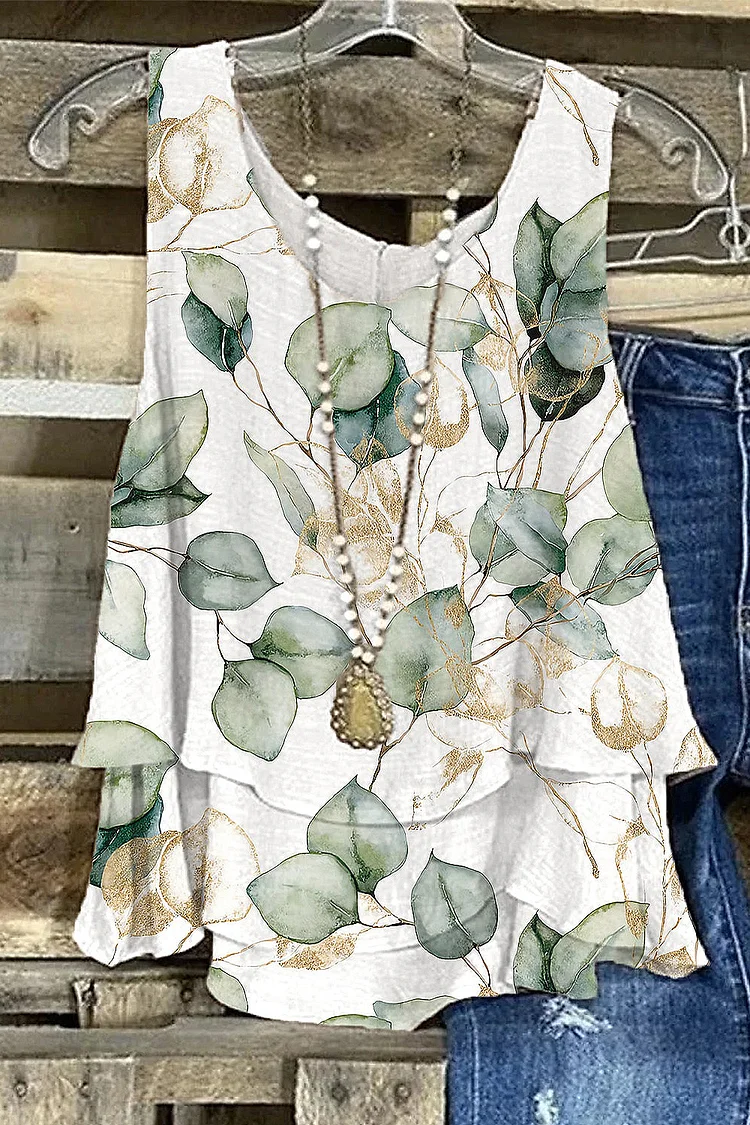 Flycurvy Plus Size Casual White Double Layered Plant Print Tank Top  Flycurvy [product_label]