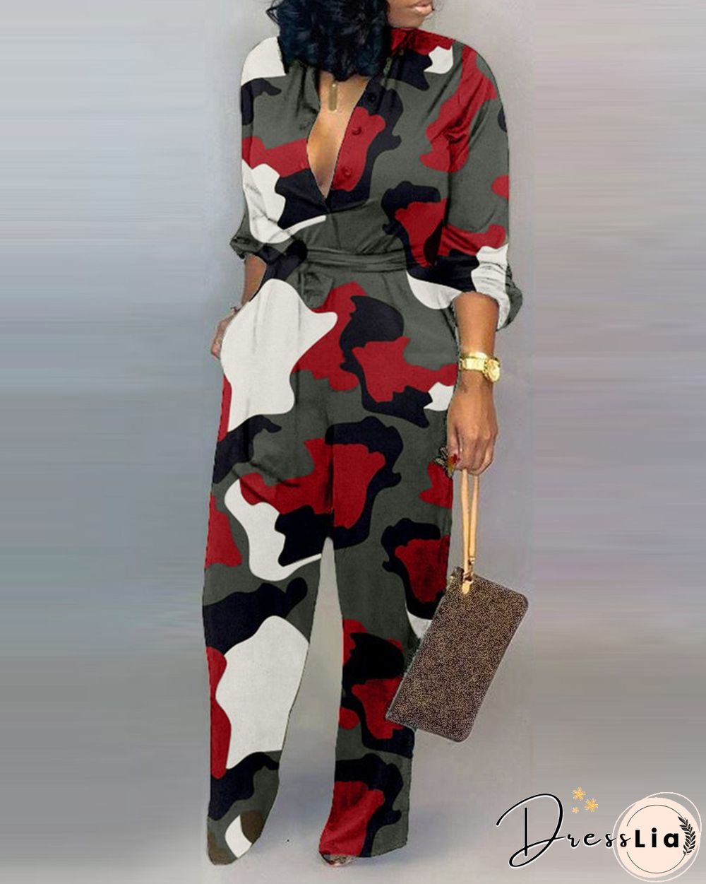 V Neck Camouflage Print Buttoned Jumpsuit