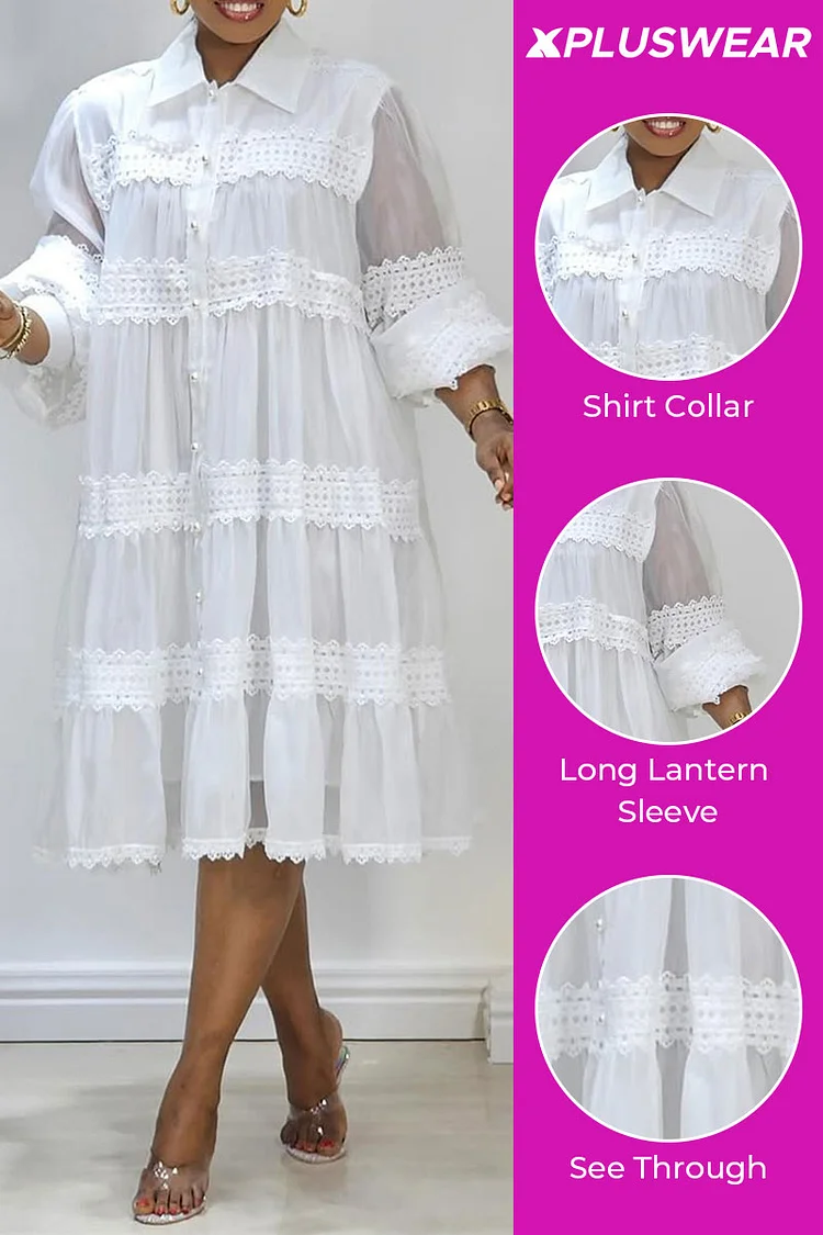 Plus Size Business Casual White Elegant Shirt Collar Lantern Sleeve Long Sleeve See Through Contrast Midi Dresses