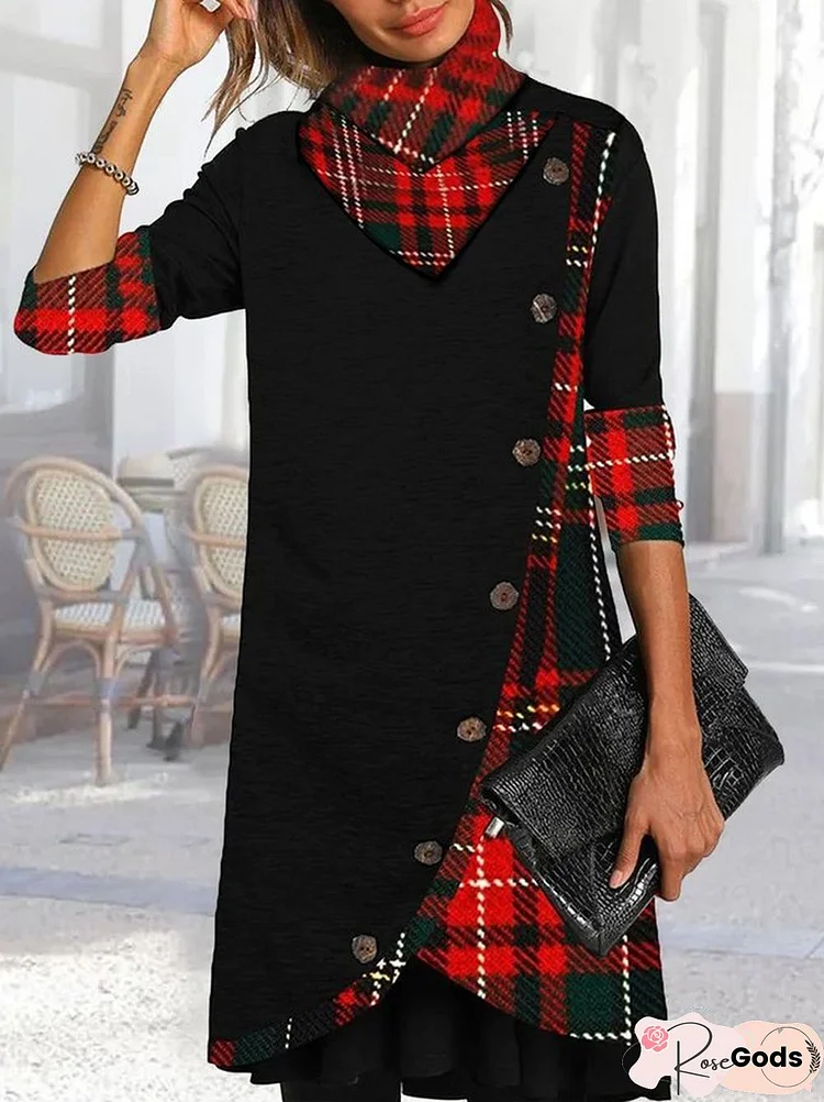 Casual Plaid Autumn Spandex Buttoned Heavyweight Daily Turtleneck A-Line Dresses For Women