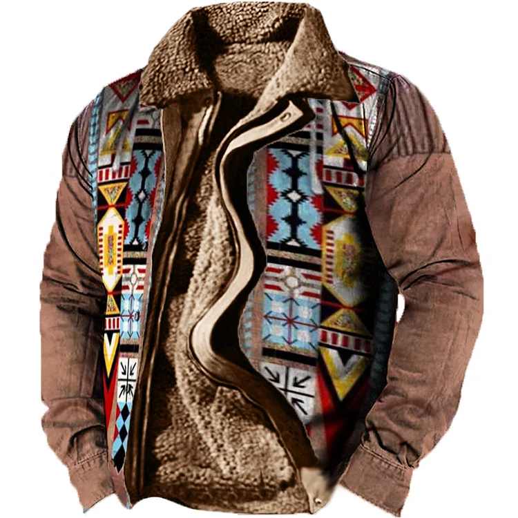 Men's Retro Ethnic Pattern Long Sleeve Fleece Jacket