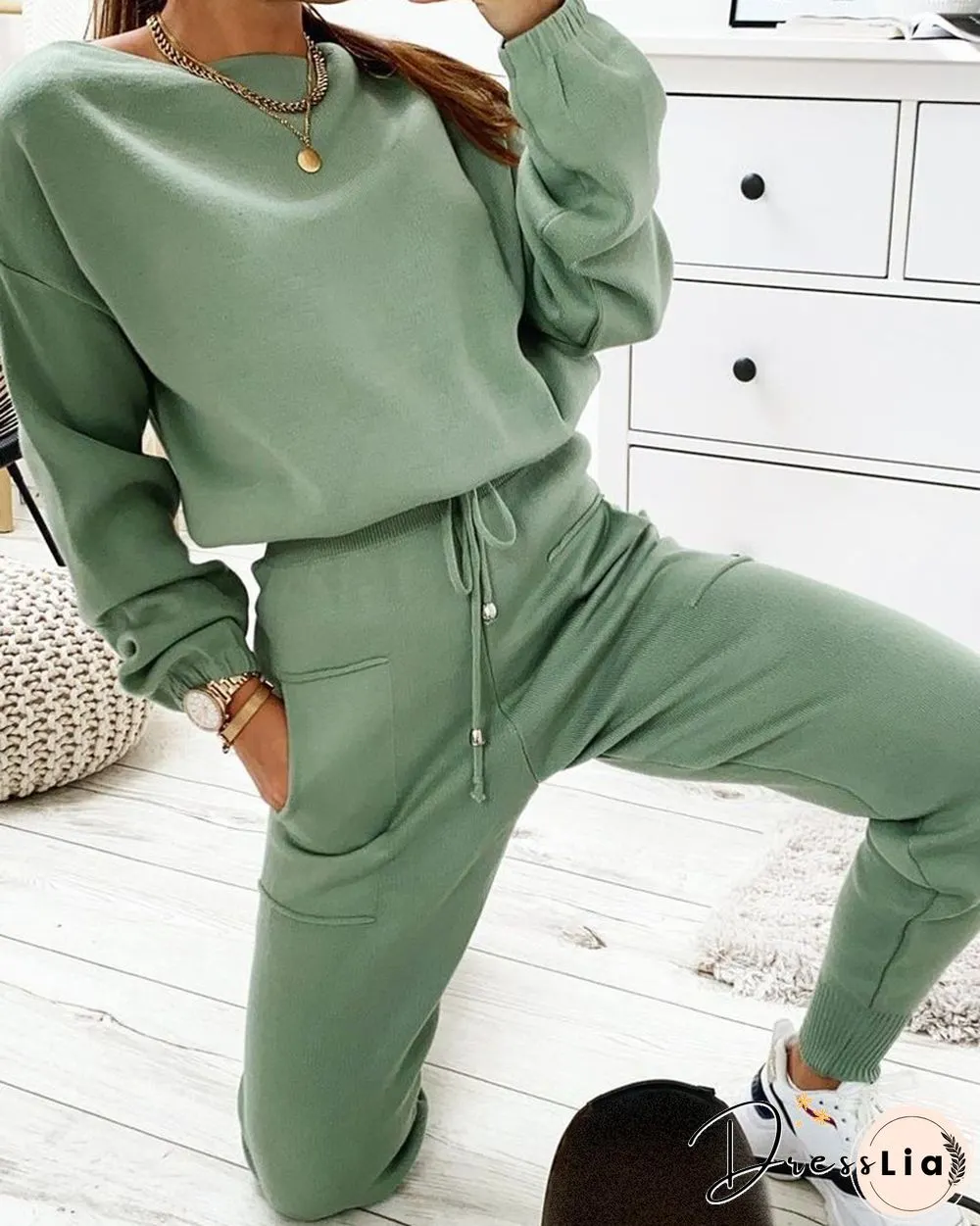 Plain Long Sleeve Top & Drawstring Pants Set