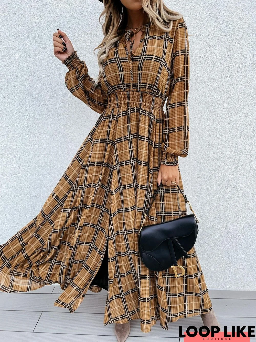 Printed Long Sleeve Waist Slit Dress