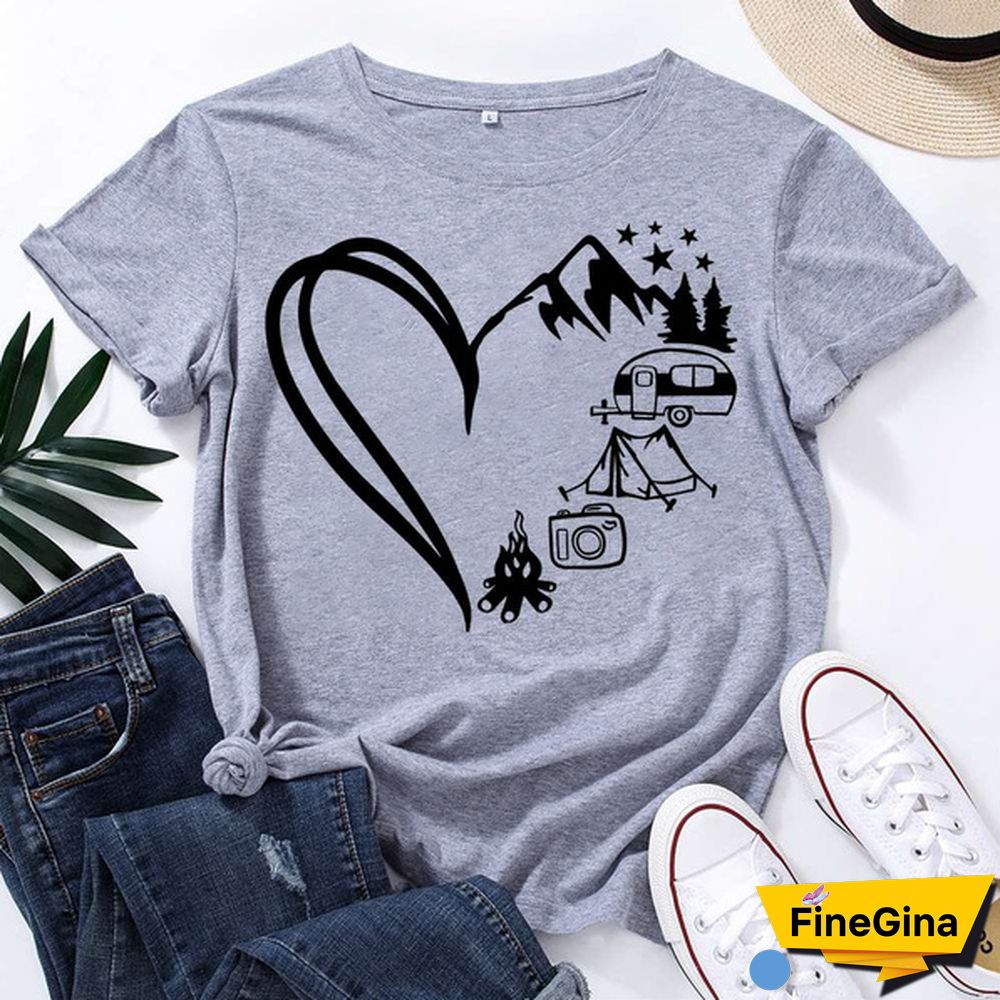 Hot Camping Heart Printed T-Shirts For Women Summer Short Sleeve Tee Shirts Round Neck Casual Summer Ladies Tops