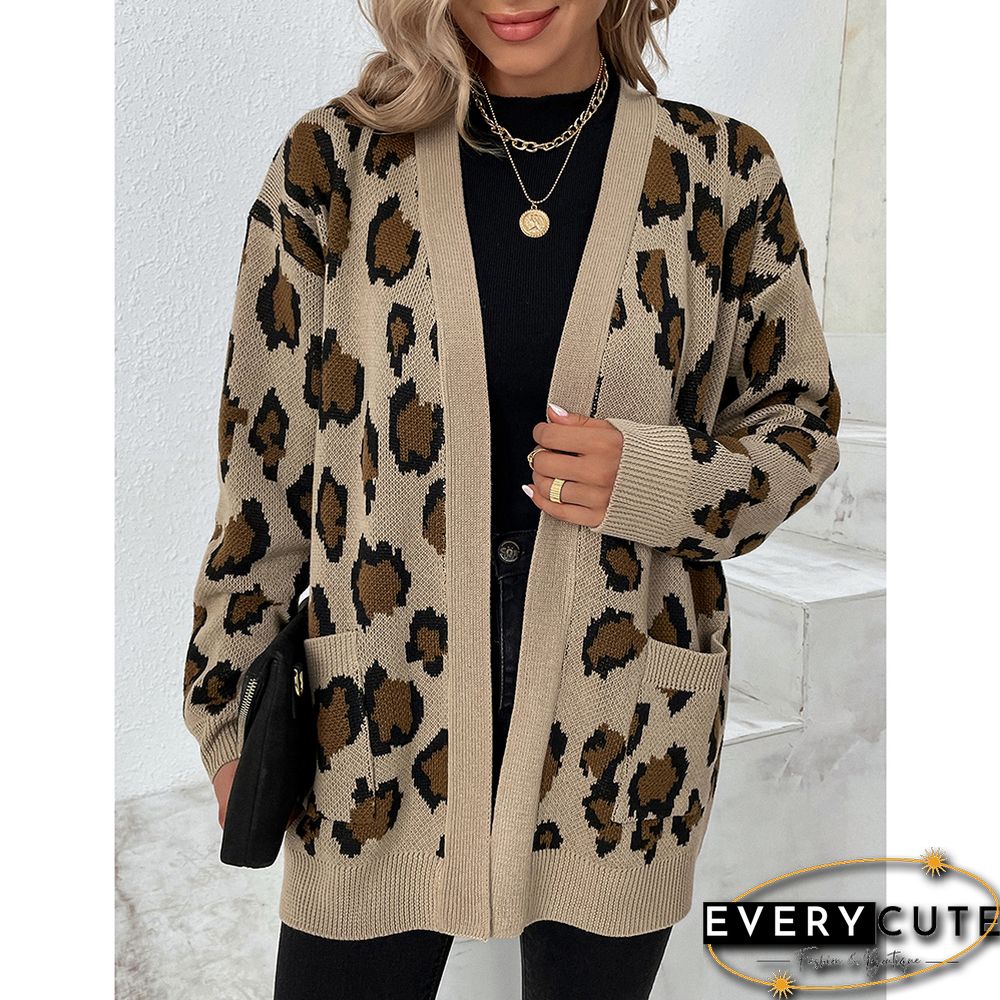 Khaki Contrast Leopard Print Pocket Open Front Cardigan