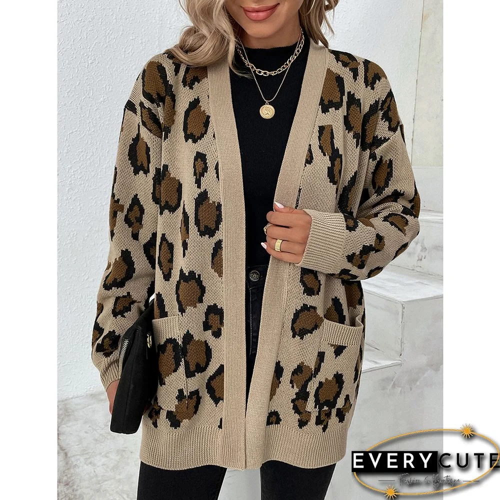 Khaki Contrast Leopard Print Pocket Open Front Cardigan