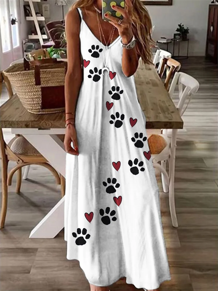 Lovely Paw Prints & Hearts V Neck Cami Maxi Dress