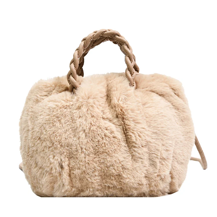 Fluffy Crossbody Bags Woven Handle Women Travel Girls Tote Handbags (Khaki)