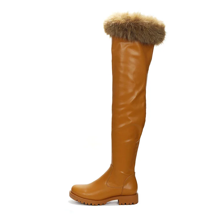 Tan Round Toe Faux Fur Trim Flat Over-The-Knee Boots for Women |FSJ Shoes
