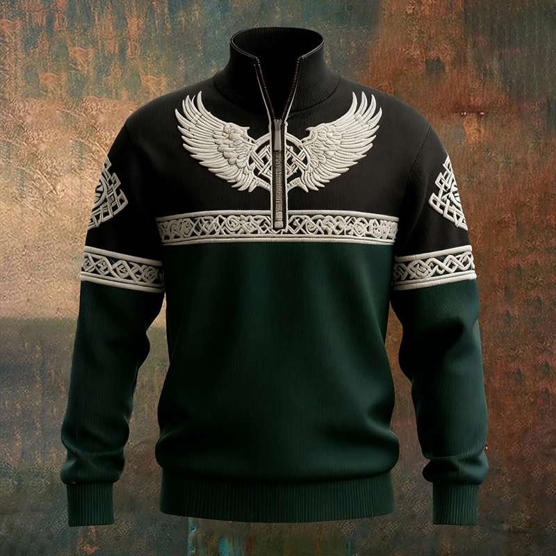Men's Vintage Viking Rune And Wings Pattern Knitted Stand Collar Sweater elevenforest