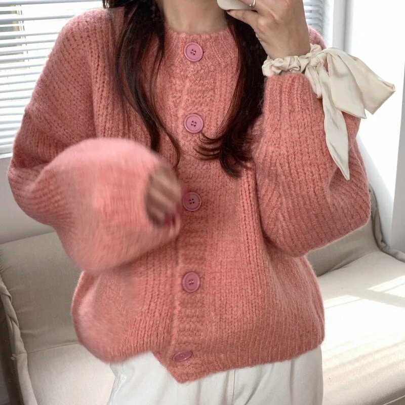 Syiwidii Sweater Woman Cardigan Tops Fall Winter 2021 New Knitted Pink Jackets Single Breasted Turtleneck Long Sleeve Loose Coat