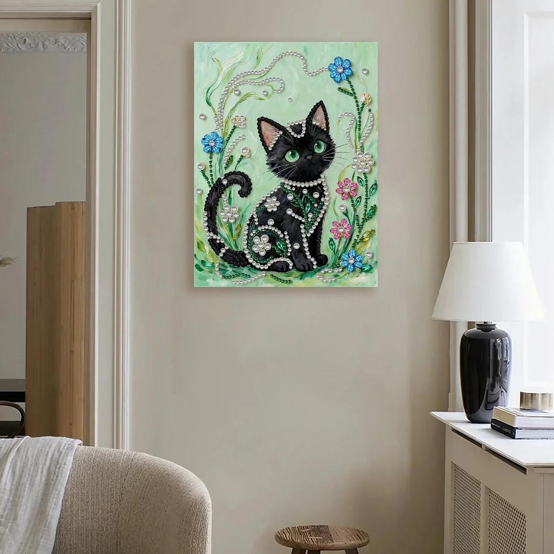 Black Cat DIY Pearl Diamond Art Kit for Adults Home Decor With Frame 30x40cm