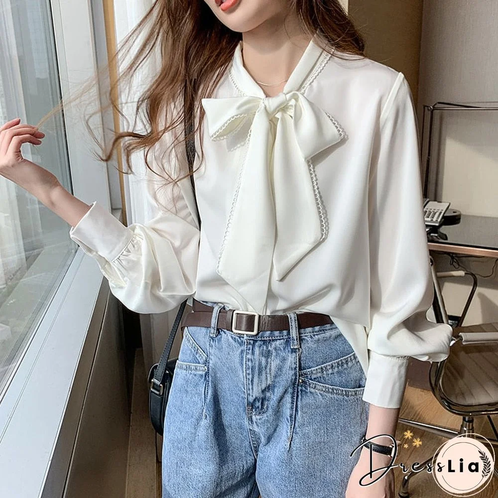 Spring Fashion Korean Tops Satin Chiffon Blouse Women Loose Long Sleeve Shirt White Blue Office Lady Clothes With Bow