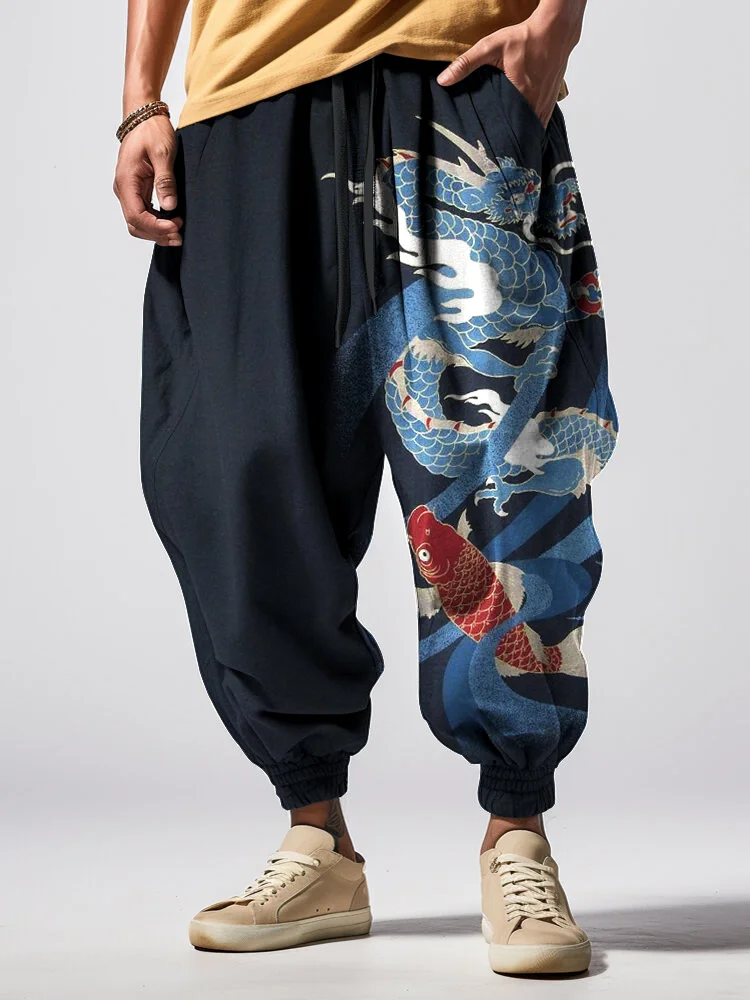 Men's Retro Dragon Koi Fish Art Print Loose Drawstring Waist Sweatpants