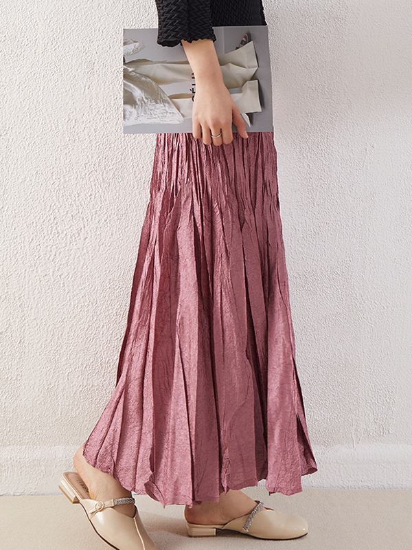 Elasticity Pleated Solid Color A-line High Waisted Skirts Bottoms