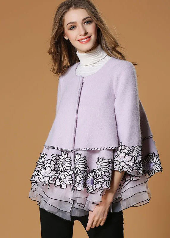 Style Light Purple Embroideried Organza Patchwork Woolen Coat Half Sleeve