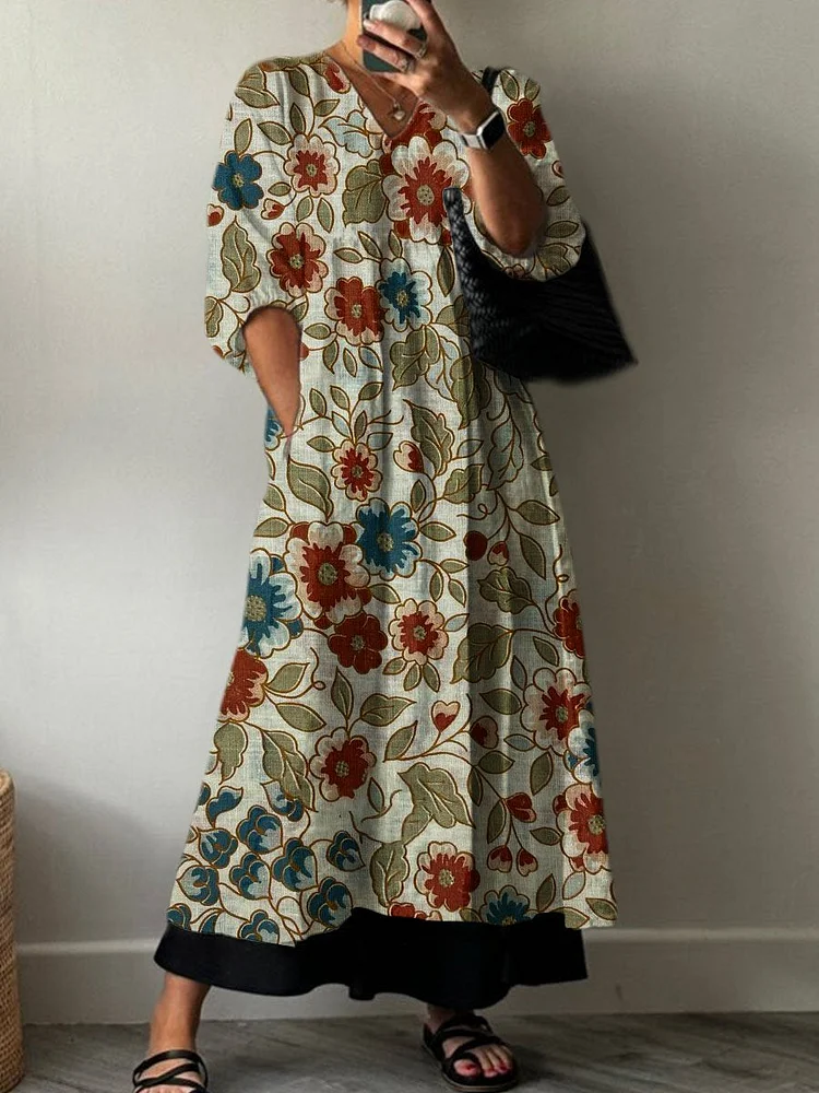 Women's  Boho Retro Print Pocket V-neck Cotton Dress