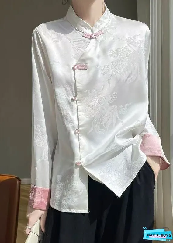 White Button Silk Shirts Stand Collar Long Sleeve