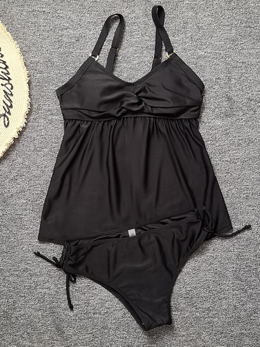 Women's Tankini Two Piece Swimsuit Pleated Open Back Pure Color Black Bathing Suits