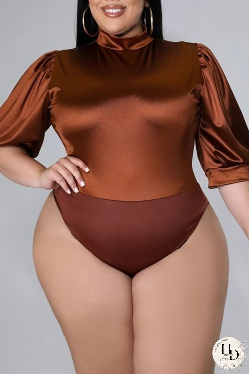Coffee Casual Solid Patchwork Half A Turtleneck Plus Size Two Pieces