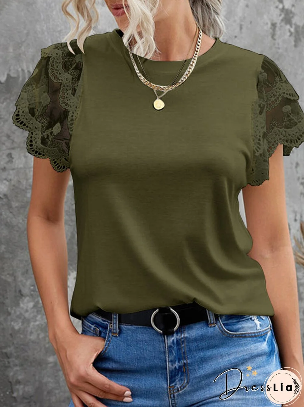 Lace Patchwork Round Neck Short Sleeve Casual Blouse