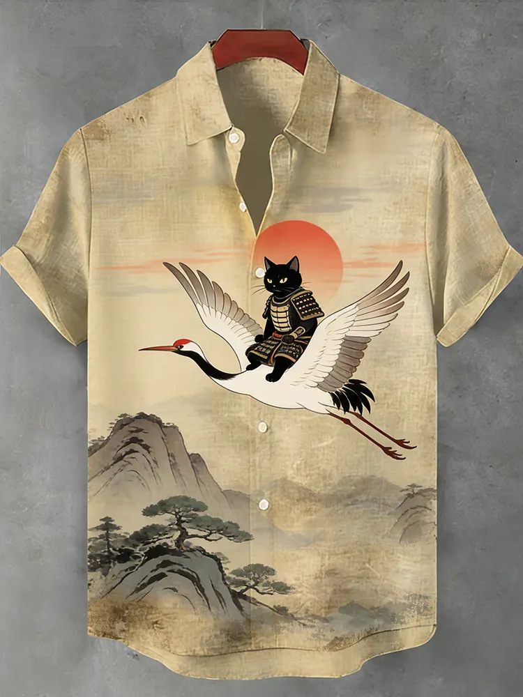 Men's Driving Crane Cat Collar Printed Shirt